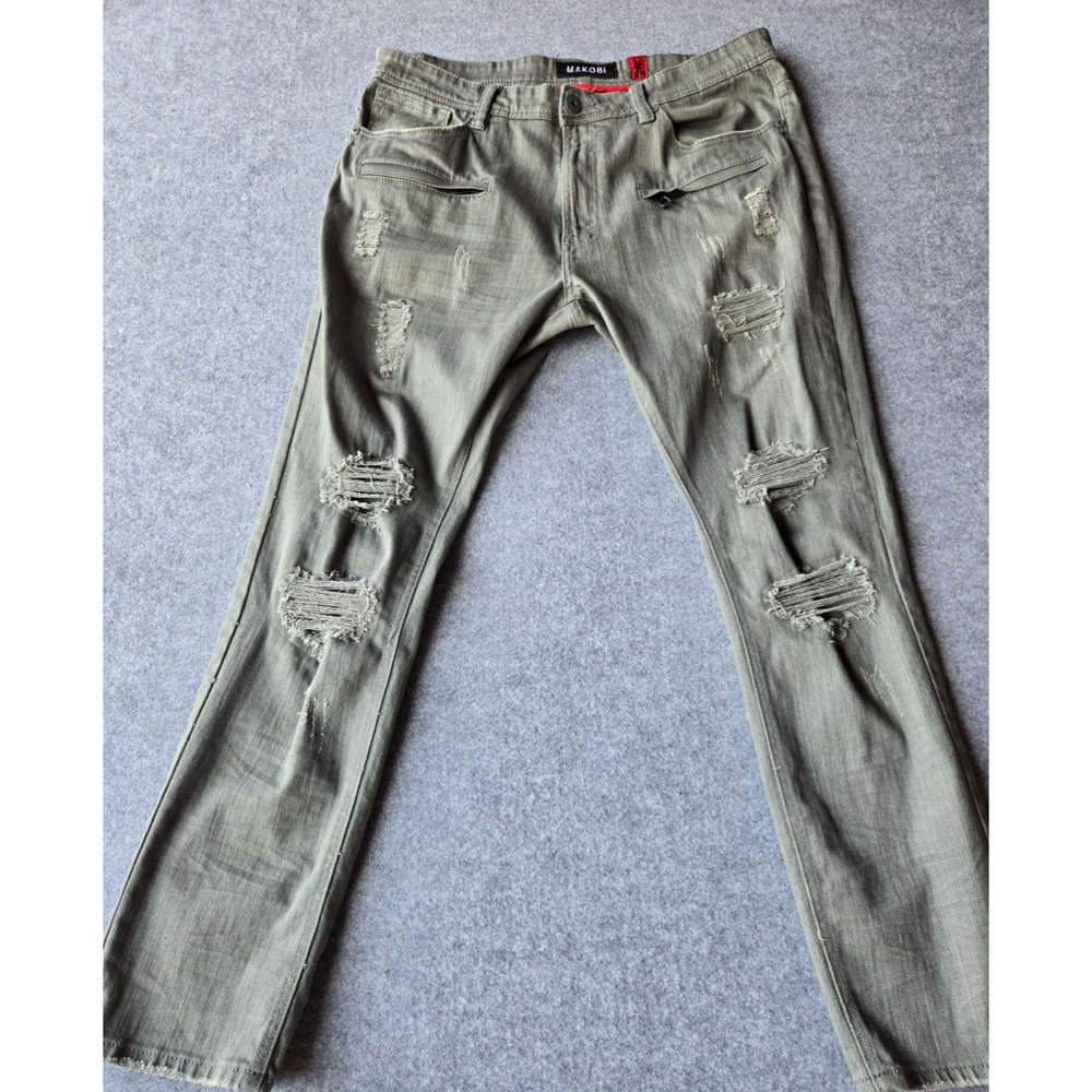 Makobi Jeans Men's 37x32 Denim Distressed Grey Wash Mid Rise